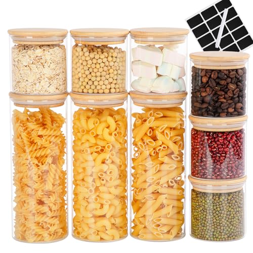 FoiiLiio Vorratsgläser mit Deckel 9er Set,Glasbehälter mit Deckel,vorratsglas mit holzdeckel für Spaghetti,Pasta,Nudeln,Mehl,Vorratsdosen Glas luftdicht aus Bambus in 2 Größen:300ml 800ml von FoiiLiio