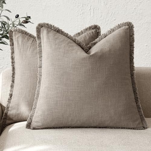 Foindtower Dekorative Leinen-Kissenbezüge, Boho-Stil mit Fransen, Landhaus-Stil, Quasten, weich, Bezug für Couch, Stuhl, Bett, Wohnzimmer, Inneneinrichtung, 2 Stück, 45,7 x 45,7 cm, Braun/Hellbraun von Foindtower