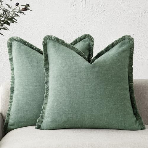 Foindtower Dekorative Leinen-Kissenbezüge im Boho-Stil mit Fransen, Landhaus-Bezug mit Quasten, weiches Kissen für Couch, Stuhl, Bett, Wohnzimmer, Inneneinrichtung, 2 Stück, 45,7 x 45,7 cm, Grün von Foindtower