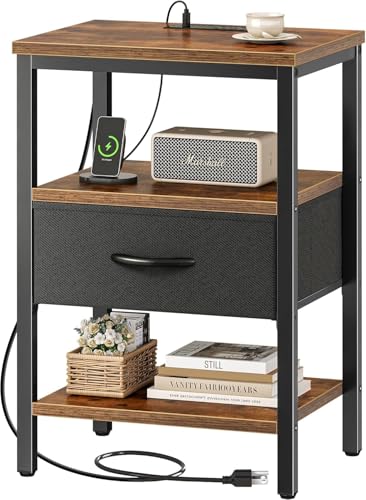 Nachttisch mit Ladestation, Beistelltisch mit Stoffschubladen, Couchtisch mit offenen Regalen, mit USB-Anschlüssen und Steckdosen, Schlafzimmer Gästezimmer nutzbar, Landhaus Braun und Schwarz von Foirtoevu