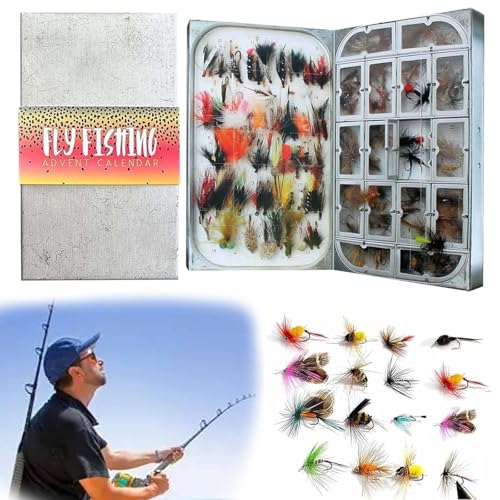 Fly Fishing Advent Calender, Weihnachtsfischereilöder Adventskalender, tägliche Überraschungen für Angler mit 24 Prozent Fliegenködern Haken, wasserdichte Fliegenbox, für Angelliebhaber (1Pcs) von Fokayo