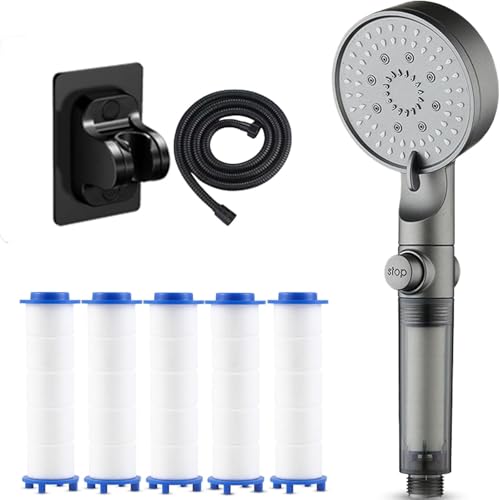 HydroBoost Hochdruck-Duschkopf mit 5 Strahlarten und Filter, Handbrause mit Filter, integrierter Hochdruckreinigung, Wasserstopp mit 5 zusätzlichen Filtern (1pc) von Fokayo