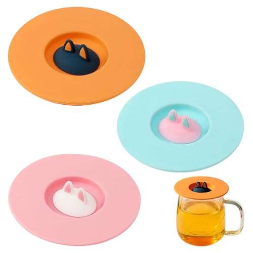 3 Stück Silikondeckel für Gläser Mit Löffelstütze,Farbige Silikon Tassendeckel im Kätzchen Ohr Design,Lebensmittelqualität Anti-Staub luftdicht versiegelnde Deckel für Tassen,Kaffee Tasse (Katze) ﻿ von Fokecci