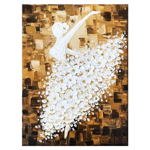 Fokenzary Handgemalte weiße Balletttänzerin, modernes abstraktes Leinwandgemälde für Wohnzimmer, Schlafzimmer, Wanddekoration, gerahmt, fertig zum Aufhängen (L) von Fokenzary