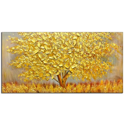 Fokenzary Handgemaltes abstraktes modernes Leinwandbild mit großem Baum, dick, 3D-Effekt, Messer, Leinwandbild, gerahmt, fertig zum Aufhängen (Gold-M) von Fokenzary