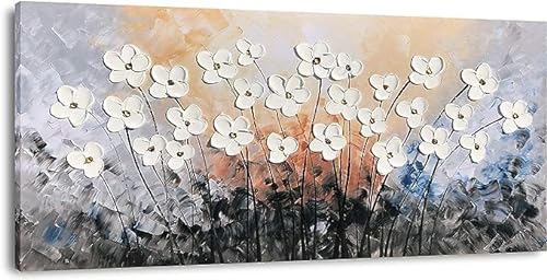 Fokenzary handgemalte bunte abstrakte Malerei auf Leinwand weiße Blumen dunkler Hintergrund Wanddekoration gerahmt bereit zum Aufhängen von Fokenzary