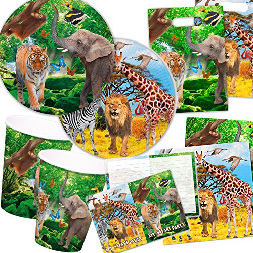 101-teiliges * SAFARI & WILDE TIERE * PARTY SET für Kindergeburtstag für 6-8 Kinder: Teller, Becher, Servietten, Einladungen, Partytüten, Luftschlangen, Luftballons, u.v.m. // Mottoparty Löwe Tiger Elefant Urwald Regenwald Savanne Steppe Afrika von Folat