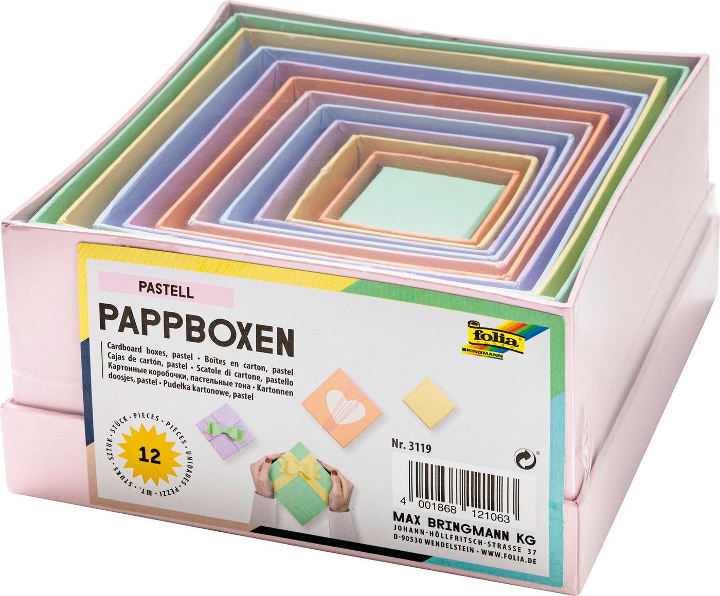 Folia Max Bringmann KG Geschenkbox Pappboxen (12 Boxen + Deckel, pastell), stapelbar und platzsparend verstaubar von Folia Max Bringmann KG