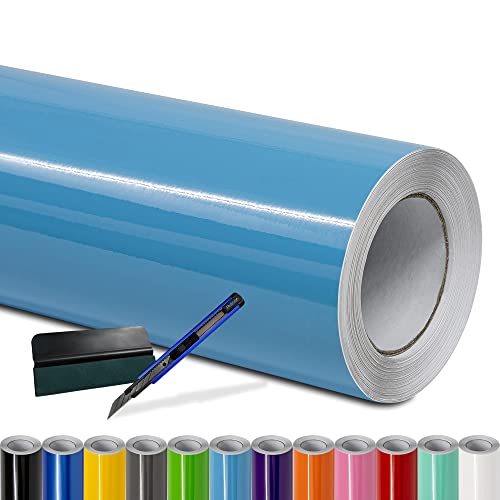 Folindo® Autofolie Hell Blau Glanz (8€/m²) | 7 x 1,52 m | + Rakel & Cutter | Selbstklebende Luftkanal Folie zur Auto Folierung | Blasenfrei von Folindo