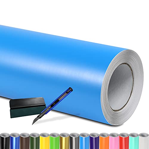 Folindo® Autofolie Hell Blau Matt (10€/m²) | 300 x 152 cm | + Rakel & Cutter | Selbstklebende Luftkanal Folie zur Auto Folierung | Blasenfrei von Folindo