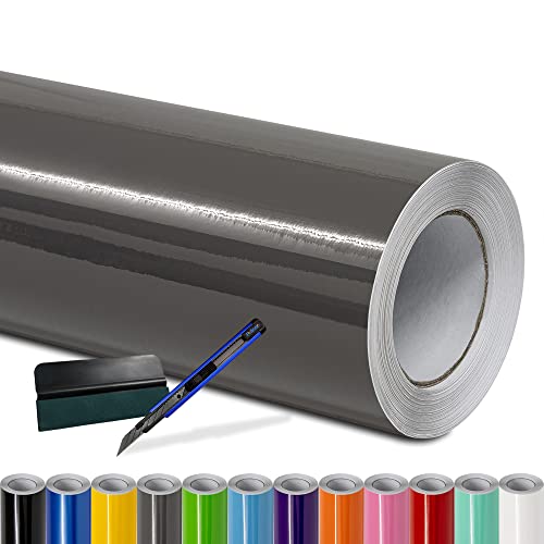 Folindo® Autofolie Nardo Grau Glanz (6,5€/m²) | 11 x 1,52 m | + Rakel & Cutter | Selbstklebende Luftkanal Folie zur Auto Folierung | Blasenfrei von Folindo