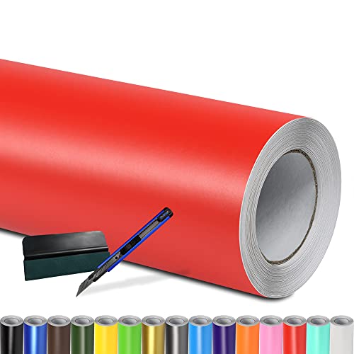 Folindo® Autofolie Rot Matt (23€/m²) | 50 x 152 cm | + Rakel & Cutter | Selbstklebende Luftkanal Folie zur Auto Folierung | Blasenfrei von Folindo