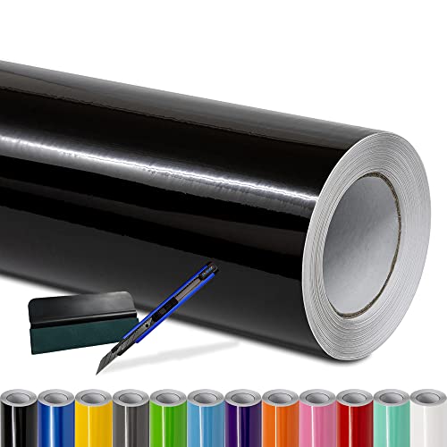 Folindo® Autofolie Schwarz Glanz (15€/m²) | 100 x 152 cm | + Rakel & Cutter | Selbstklebende Luftkanal Folie zur Auto Folierung | Blasenfrei von Folindo