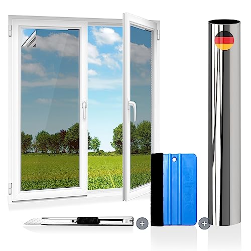 Folindo® Spiegelfolie selbstklebend innen & außen [200x61cm] inkl. Rakel & Folienmesser - 50% Silber Verspiegelung - UV-Schutz Folie Sichtschutz Hitze- & Blendreduktion - Fenster Sonnenschutzfolie von Folindo