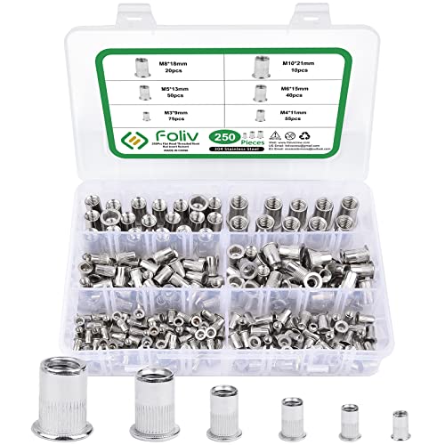 Foliv 250 Stück Nietmuttern Sortiment Set, M3 M4 M5 M6 M8 M10 Nietmuttern Sortiment Nietmutter A2-70 Edelstahl Zugnietmutter Rivet nuts Muttern mit Aufbewahrungsbox von Foliv