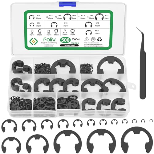 Foliv 500tlg Sprengring Sortiment Sicherungsring Set 13 Größe Kohlenstoffstahl E-Clip Externe Haltering Externes C-Clips Geteilte Schnallen Unterlegscheiben, M1.5-M22 mit Kunststoffbox von Foliv