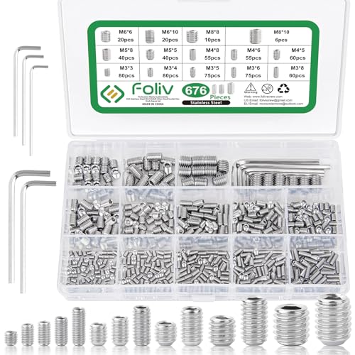 Foliv 676 Stück Madenschrauben Sortiment Set Edelstahl M3 M4 M5 M6 M8 Madenschrauben/Innensechskant Gewindestifte DIN 913,Sechskantkopf Schrauben mit Schraubenschlüssel für Türgriff, Türklinke von Foliv