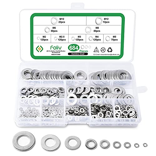 Foliv 684 Stück Flach Unterlegscheiben Set, Beilagscheiben Aus 304 Edelstahl M2 M2,5 M3 M4 M5 M6 M8 M10 M12 Sicherungsscheiben im Sortimentskasten von Foliv