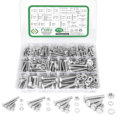 Foliv 775 Stück M4 M5 M6 M8 Sechskantschrauben Edelstahl A2 Schrauben Set mit Muttern Unterlegscheiben DIN933 Bolzen Vollgewindeschrauben Maschinenschrauben Gewindeschrauben zur Reparatur von Foliv