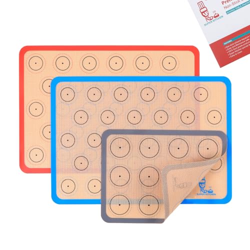 Silikon-Backmatte Macaron – 3er-Set (2 halbe Blatteinlagen und 1 Viertelblatt), antihaftbeschichtete Silikon-Backmatte für Macarons, Backformen, Pizza, Toaster, Kuchen und Brot (rot, blau, grau) von Folksy Super Kitchen