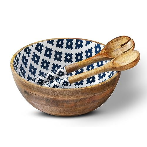 Folkulture Salatschüssel oder Holzschalen mit Servierzange, große Salatschalen für Obst, Müsli oder Nudeln, große Rührschüssel-Set, 30,5 cm Durchmesser x 12,7 cm Höhe, Mangoholz, blau von Folkulture