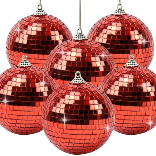 Folmywy 6 Stück Spiegel Disco-Kugeln Rot reflektierend Deko 8 cm Ornament Hängende Kugeln mit Seil Leichtgewicht Discokugel Weihnachtsbaum Silvester-Party Geburtstagsfeiern von Folmywy