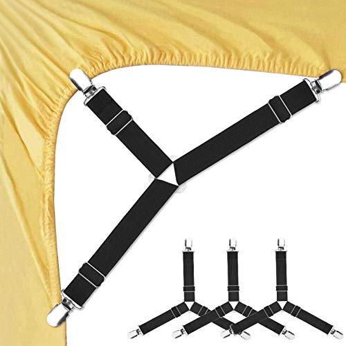 Verstellbare Bettlakenspanner Elastische Betttuchspanner Lakenspanner mit Metallclips schwarz (4 stück) von Foloda