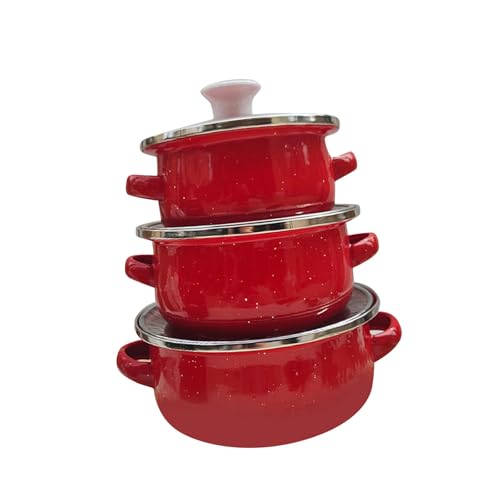 Folpus 3X Emaille Topf Set Suppentopf Doppel Griff Unbeschichtet Kochen Simmering Topf Küche Baby Lebensmittel Topf Kochen Essen, Rot von Folpus
