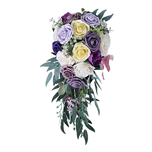 Folpus Handgemachte Hochzeit Brautstrauß Wasserfall Blumen Künstliche Rosen mit Blumenstrauß für Kirchenfeiern Dekor Fotografie, Violett von Folpus