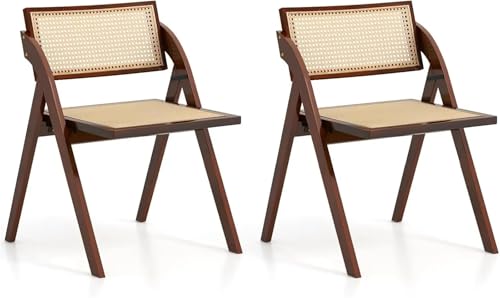 FonHNDG Esszimmerstühle im 2er-Set, Holzklappstuhl mit Rattan-Rückenlehne und -Sitz, stabiles Gummiholzgestell, armlose Akzentstühle für Wohnzimmer, Essbereich(Brown) von FonHNDG