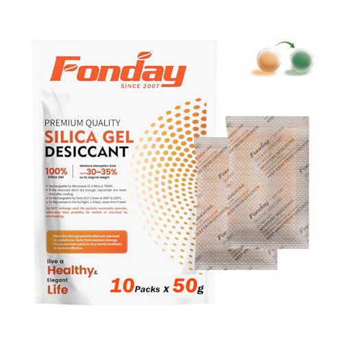 50Gram x 10Packet Fonday Rechargeable Silica Gel Desiccant Packets Food Grade Fast Reactivate Moisture Indicating Orange to Green von Fonday