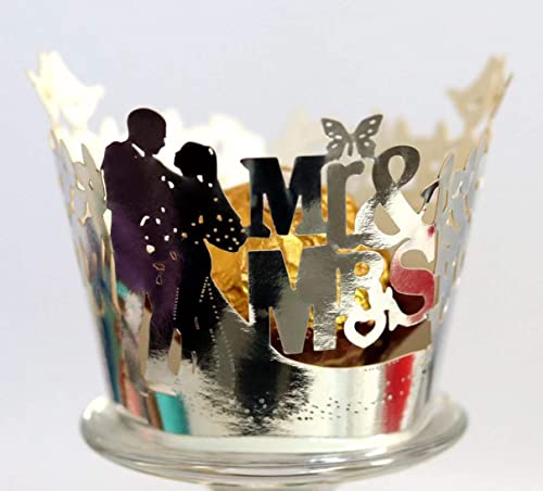 Mr & Mrs Filigranes Papier, lasergeschnittene Cupcake-Förmchen, für Hochzeiten, Verlobungen, Partys, Kuchen, Cupcake-Einlagen, ausgefallene Blumen-Spitzen-Wrapper, Halsbänder, Farbe: Silber, 120 Stück von Fonder Mols