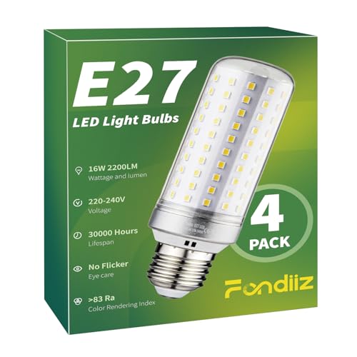 Fondiiz E27 LED Kaltweiss 6000K, 16W 2200LM Extra Hell Glühbirne E27 Entspricht 200W Halogenlampe, Energiesparlampe E27 LED Birne 230V, Leuchtmittel E27 LED Maiskolben Nicht Dimmbar, 4er Pack von Fondiiz