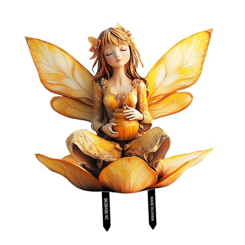Fonowx Fee Gartenstecker Als Und Gartenfigur EIN Außenschmuck Und Terrassenschmuck mit Elfenmotiv Im Flachen Design für Hof Und Grünflächen, Mehrfarbig, 27.2 X 24.9 cm von Fonowx