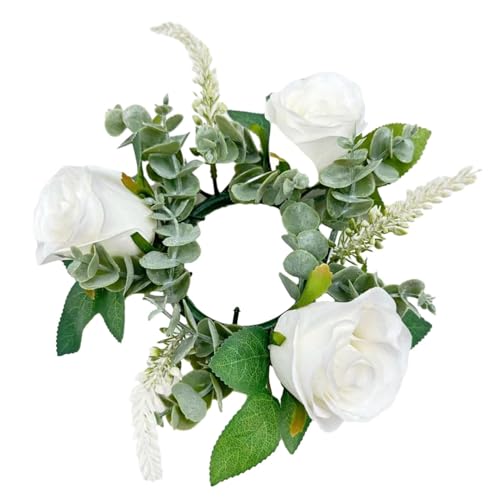 Fonowx Kerzenringe für Stabkerzen Blumen, 22cm Kerzenring Künstliche, Osterkranz Kerzenringe, Eukalyptusblätter Kerzenkränze für Hochzeit Mittelstücke Bauernhaus Erntedankfest Tischdekoration, Weiß von Fonowx