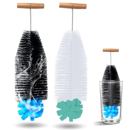 FontFable 2Pcs Flaschenbürste, 35cm Länge mit Ergonomischem Griff, Schwarzen Borsten & Blauem Schwamm, Flaschenbürste kompatibel mit Sodastream Glasflasche, Reinigt Effektiv und Schont die Flaschen von FontFable
