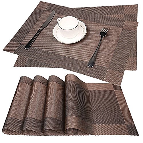 Fontic Platzdeckchen Rutschfest Abwaschbar Tischmatten aus PVC Abgrifffeste Hitzebeständig Tischsets Schmutzabweisend, 6er Set Platzsets, 30x45cm, Braun von Fontic