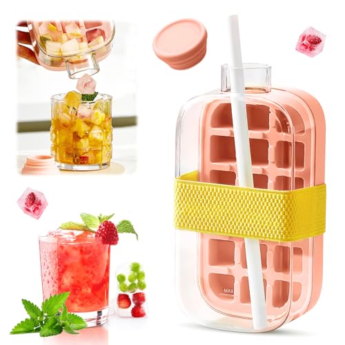 Eiswürfelform 2 in 1 Eiswürfel Flasche mit Eiswürfelbehälter und Deckel, Silikon Eiswürfelform mit 18 Eiswürfeln Drücken zum Lösen der Eiswürfel, Ice Cube Bottle für Cocktails Whisky Tee Drinks (Rosa) von Fonyet