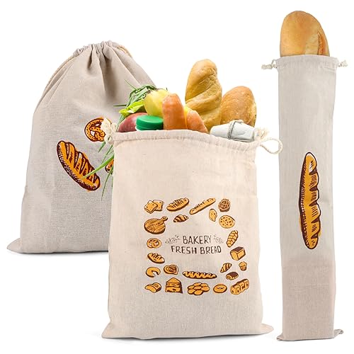 Fonyet Brotbeutel Leinen 3 Stück Brotbeutel Aufbewahrung Frischhalten Wiederverwendbar Brotsack Leinen mit Kordelzug für Brot, Obst, Gemüse | 2 Stück 31 x 38 cm und 1 Stück 16 x 64 cm von Fonyet