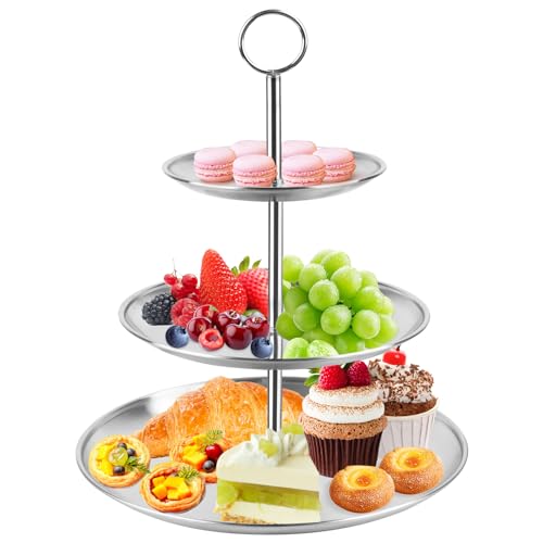 Fonyet Etagere 3 Etagen Edelstahl Cupcake Ständer Silber Etagere 3 stöckig Moderne Küchen Hochzeit Party Deko, Serviertablett Ständer Wiederverwendbar für Desserts, Kuchen, Käse und Obst von Fonyet