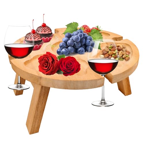 Fonyet Klappbarer Picknicktisch aus Holz, Tragbarer Picknick Weintisch Outdoor mit Rotweinglashalter und Dimsum Teller, Klappbare Weintisch für Garten Reisen Camping Picknick Strand von Fonyet
