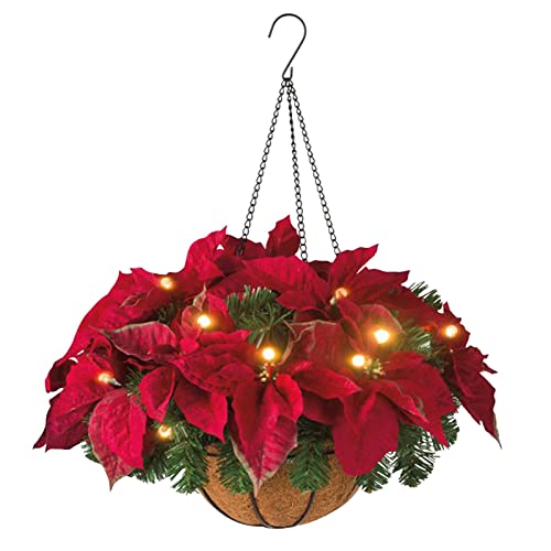 Fonzci Künstlicher Weihnachtsstern-Hängekorb, Künstlicher Weihnachtsstern, Blumenarrangement-Hängekorb, Roter Seidenblumen-Kiefernadelzweig, Weihnachtsblumen-Hängepflanzgefäß mit LED-Lichtern(Rot) von Fonzci