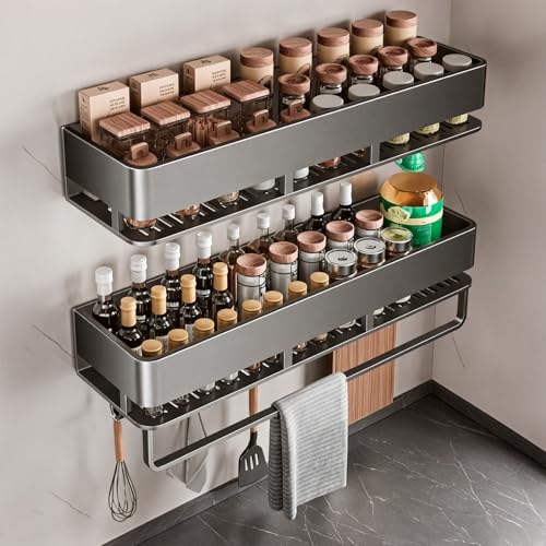 Fooaot Gewürzregal Wand,2er Set Metall Gewürz Organizer,Grau Küchenregal Ohne Bohren Mit 5 Haken, Gewürzständer,Wandmontage Gewürzregal Hängend für Küchenablage,40cm Fooaot Gewürzregal Wand,2er Set Metall Gewürz Organizer,Grau Küchenregal Ohne Bohren Mit 5 Haken, Gewürzständer,Wandmontage Gewürzregal Hängend für Küchenablage,40cm von Fooaot