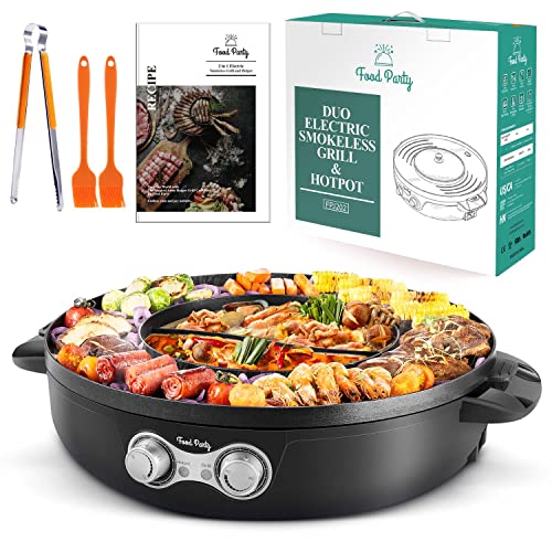 Food Party Electric Hot Pot und grill Elektrisch Hotpot Topf 220V 2200W Elektrogrill 2 in 1, mit Abnehmbar Kochplatte Indoor Korean BBQ Thai Barbecue Fondue Raclette XXL für 8 Personen von Food Party