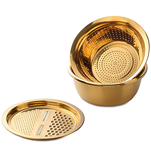 Stilvolles Siebschalen-Set mit vielseitiger Reibe und Zerkleinererdeckel, 2-in-1-Sieb für Obst und Gemüse, Abtropfkorb (Color : Gold, Size : 28.5×10.5cm) von Food Strainers