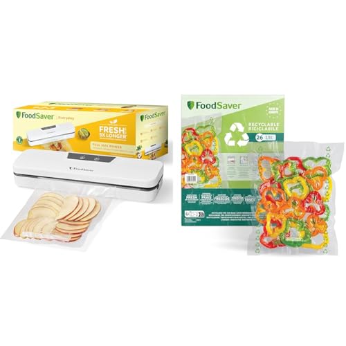 FoodSaver Everyday Vakuumiergerät | hält Lebensmittel bis zu 5X länger frisch | Vakuumierer in kompaktem Design für eine effiziente Aufbewahrung | mit 5 Vakuumierbeuteln + Plastic, Recycelbare Beutel von FoodSaver