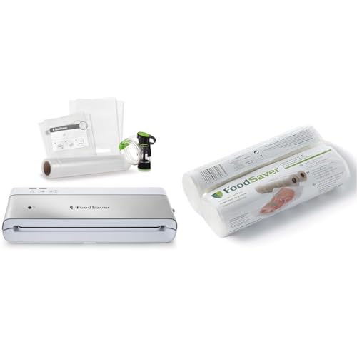 FoodSaver kompaktes Vakuumiergerät mit Handheld-Vakuumierer | 1 Rolle & 4 Beutel | Silber mit weißen Akzenten [VS0100X] & FSR2002-I, 2 Folienrollen 20cm x 6,70 m von FoodSaver