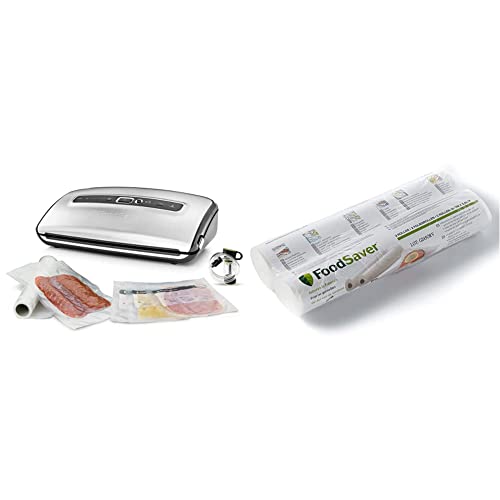 Foodsaver FFS016X, Steel + FSR2802-I Vakuum-Rollen 2 Stück 28x550 cm / Folienrollen für Lebensmittel / Vakuumierer / Sous-Vide von FoodSaver