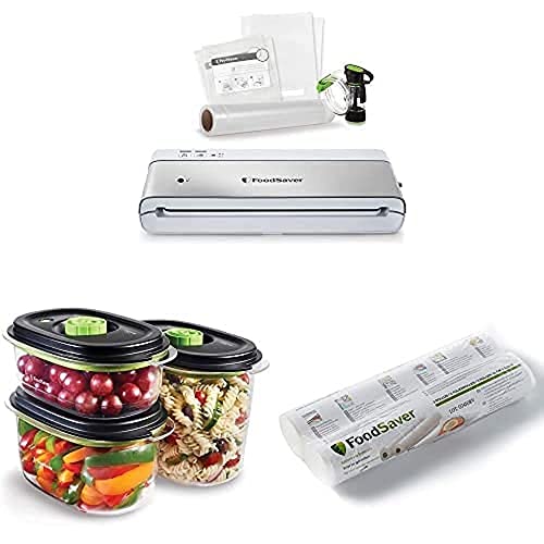 FoodSaver VS0100X Kompaktes Vakuumiergerät für Lebensmittel mit Handheld-Vakuumierer | 3 x Preserve & Marinate Vakuumbehälter | 3 x Vakuum-Rollen | 4 x Beutel | silber mit weißen Akzenten von FoodSaver