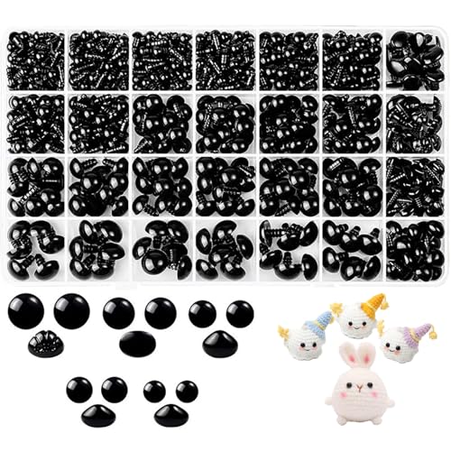 Foonary 1002 Stück Kunststoff Knopfaugen, 6-14mm Sicherheitsaugen für Häkeltiere, 9-12mm Sicherseitsnasen für Plüschtiere, Puppenaugen mit Unterlegscheiben, DIY Spielzeuge Zubehör (Schwarz) von Foonary